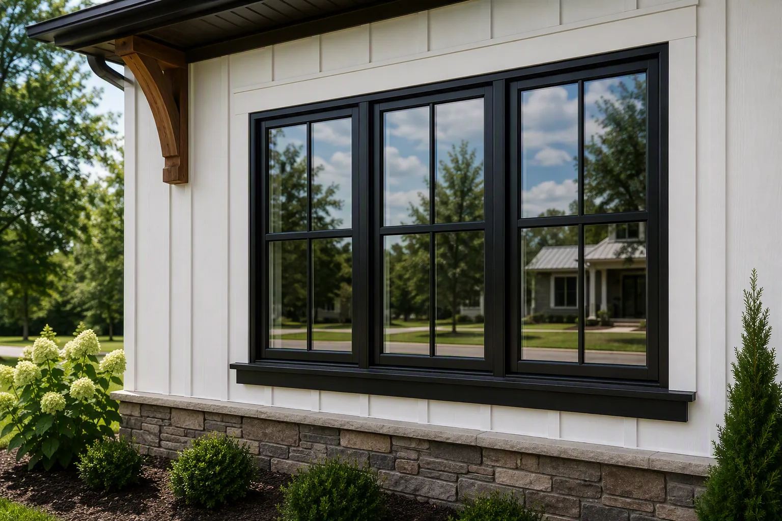 Black-trim double-hung windows installed with white board-and-batten siding.