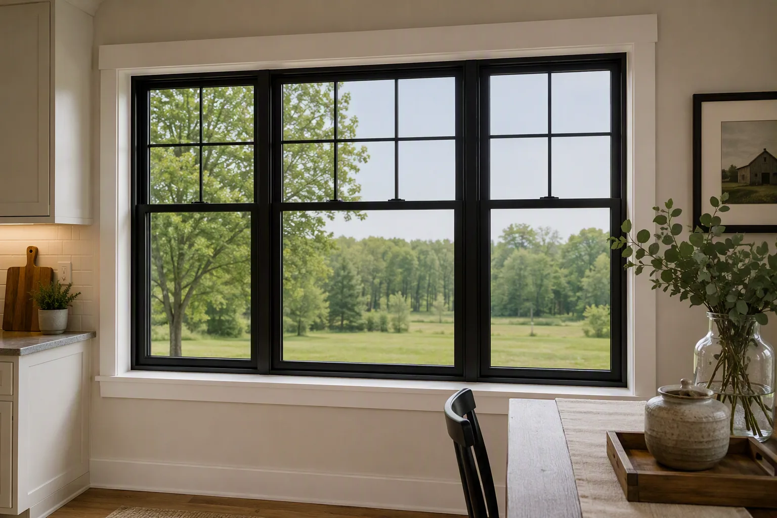 Interior black-framed double-hung windows with white painted casing and trim.