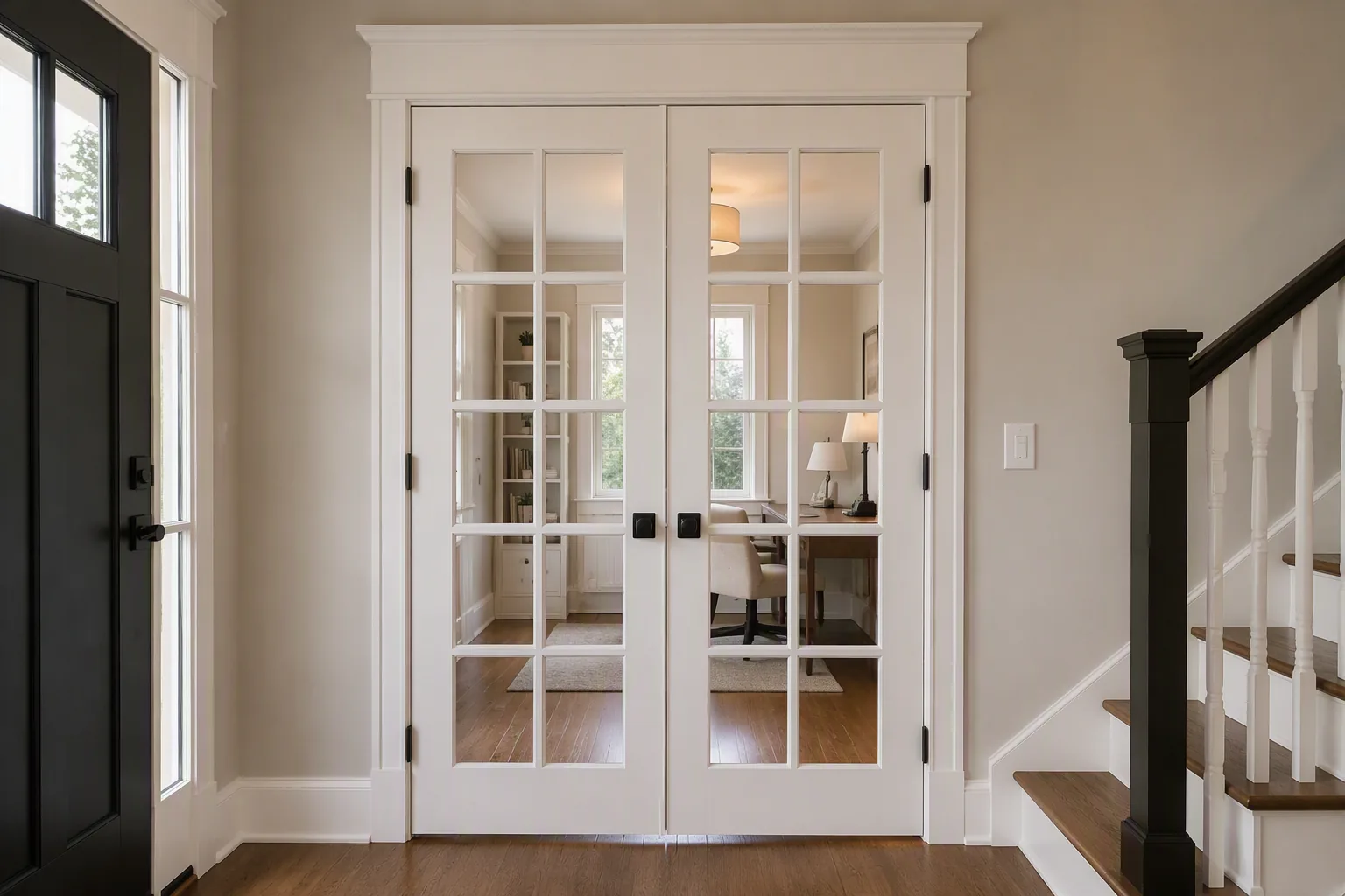 Interior door with a clear glass insert and painted trim.