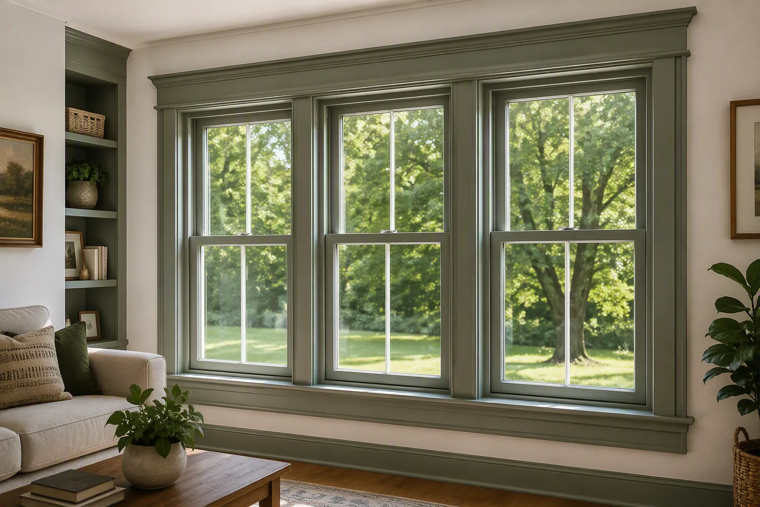 Interior double-hung windows with olive-painted trim.