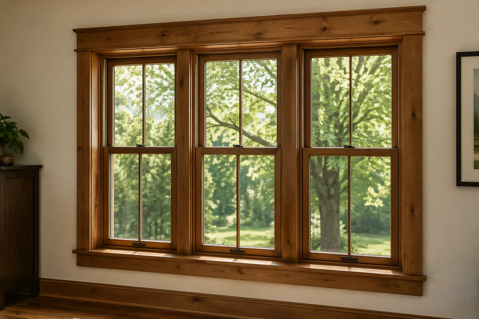 Interior wood-framed double-hung windows with matching wood trim.