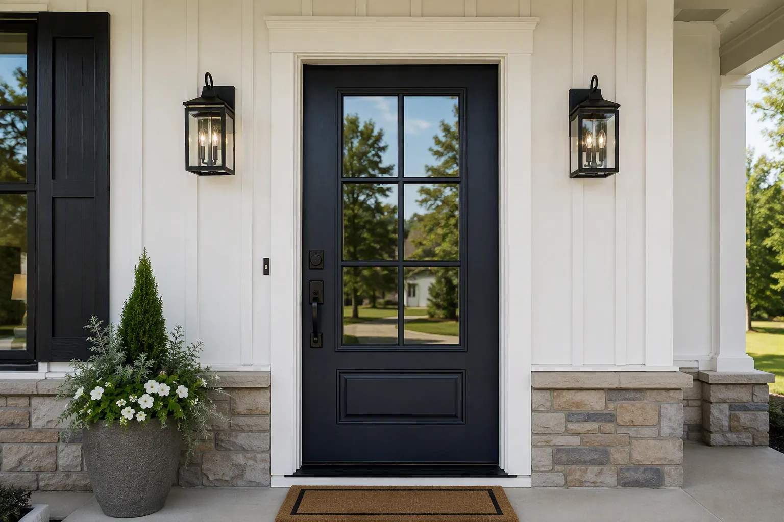 Navy-painted exterior entry door with white trim, board-and-batten siding, and masonry veneer.