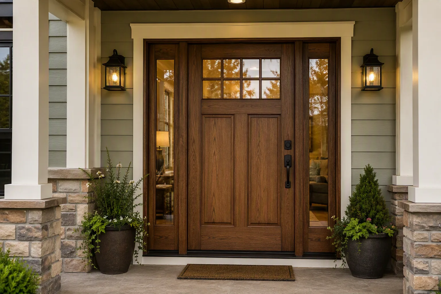 Stained wood exterior entry door with built-in sidelight windows.