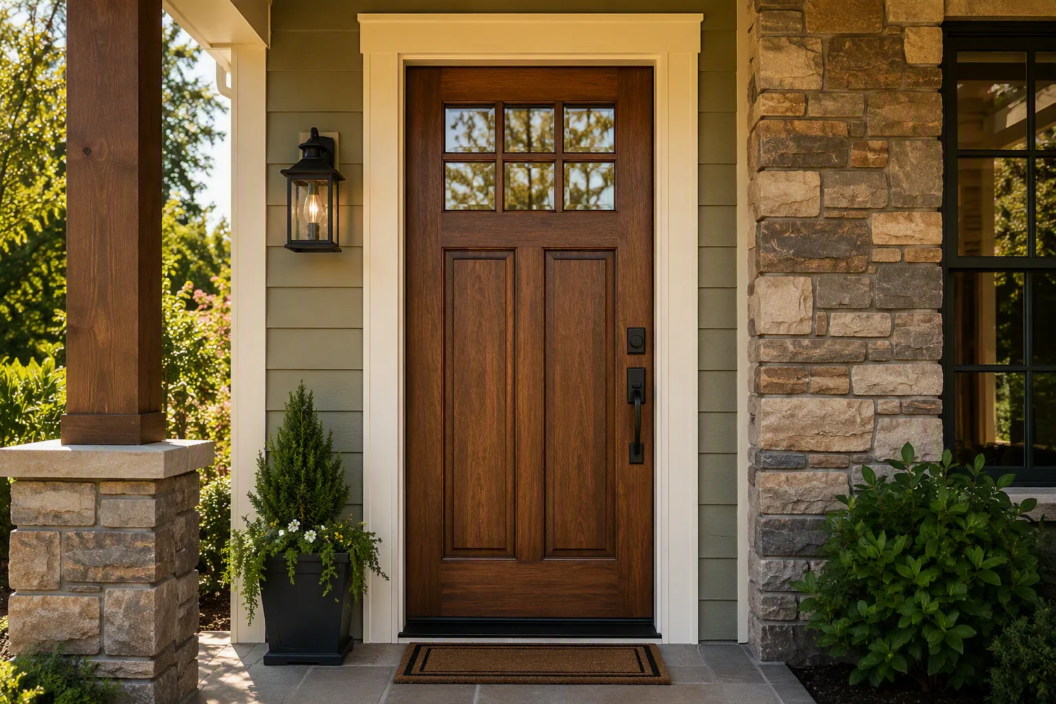 Stained wood exterior entry door with white trim and lap siding.