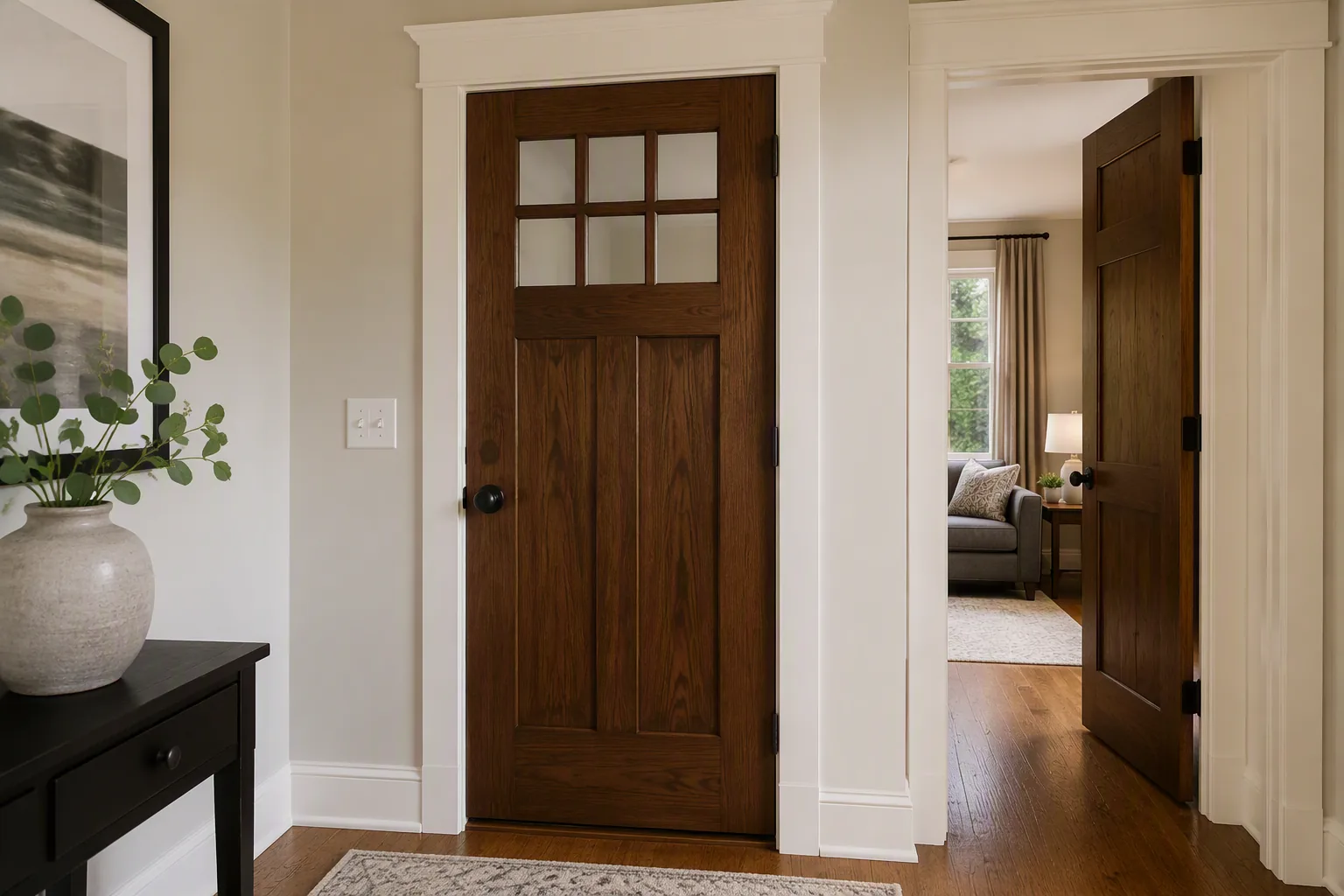 Stained wood interior door with frosted glass and white-painted casing.