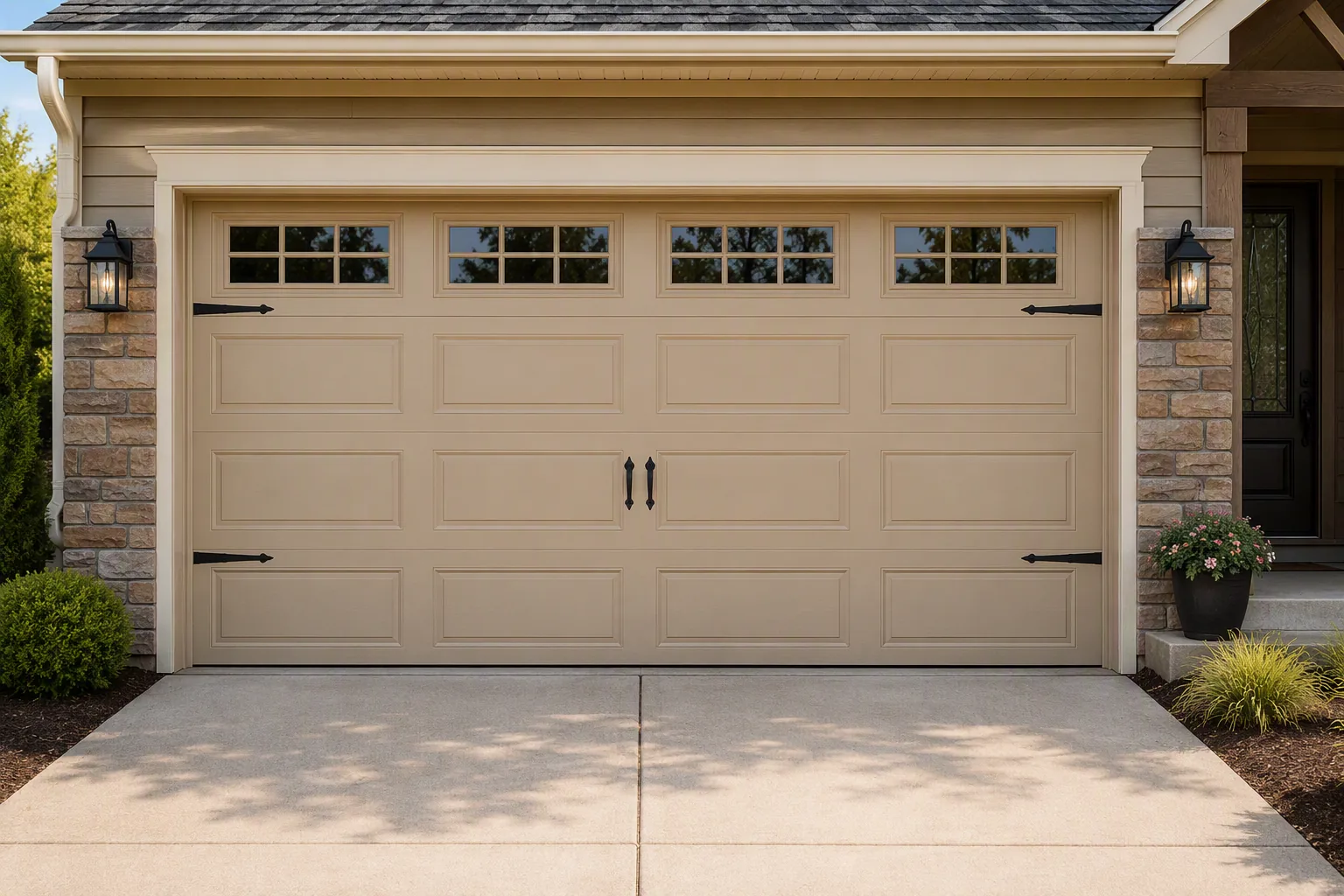 Tan-painted traditional sectional garage door.