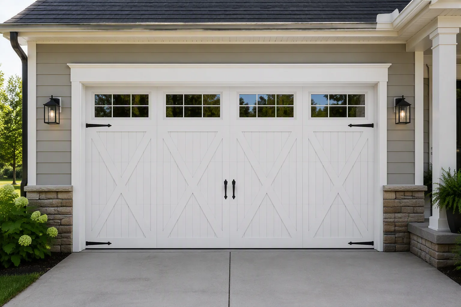 White-painted farmhouse-style garage door.