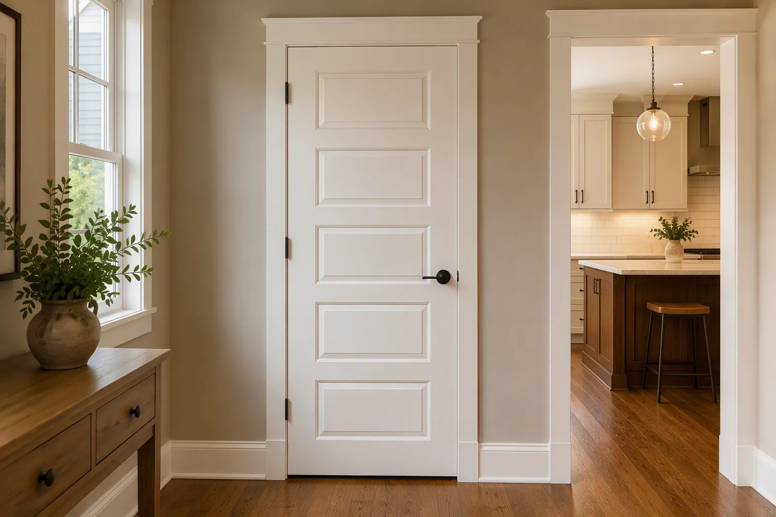 White-painted interior door with white-painted casing.