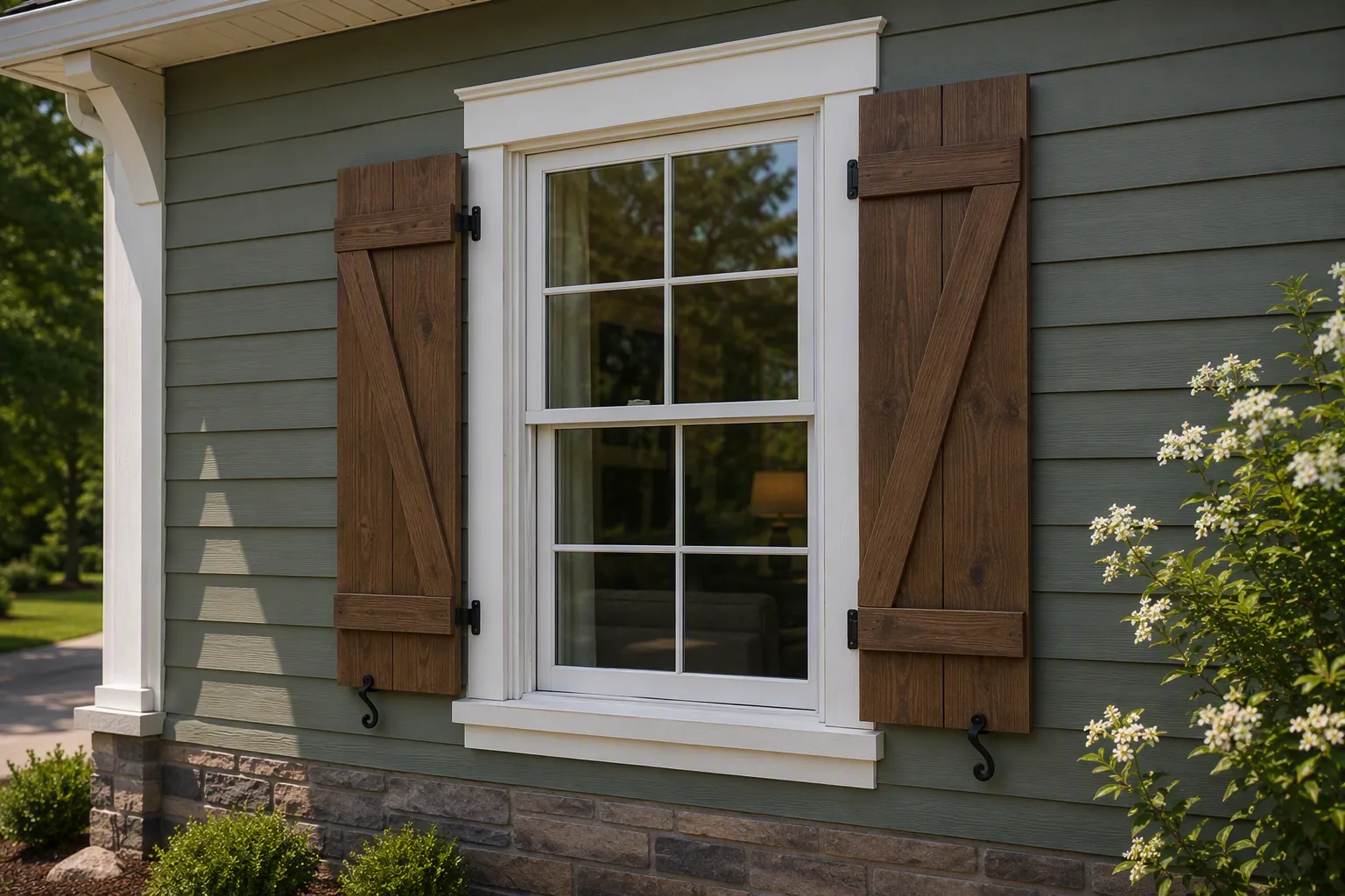 Double-hung window with white trim, wood shutters, and lap siding.